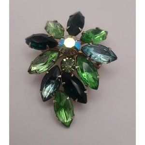Vintage Weiss Brooch  Gold Tone Blue Green AB Rhinestones UnSigned